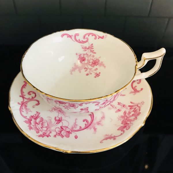 Royal Cauldon tea cup and saucer England Fine bone china Pink Birds Scrolls & flowers pattern gold trim farmhouse collectible display coffee