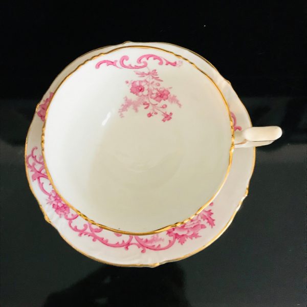 Royal Cauldon tea cup and saucer England Fine bone china Pink Birds Scrolls & flowers pattern gold trim farmhouse collectible display coffee