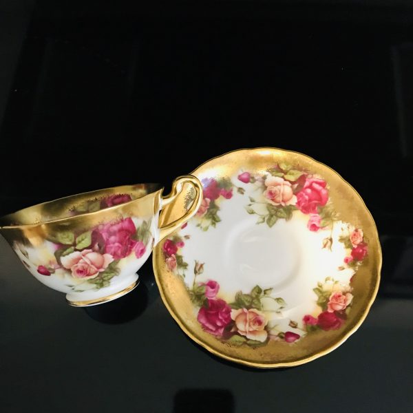 Royal Chelsea Tea cup and saucer Fine bone china England Golden Rose heavy gold trim farmhouse collectible display dining serving
