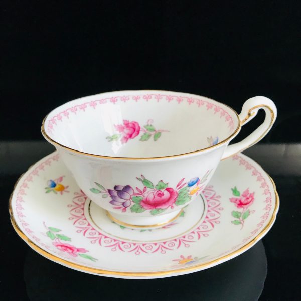 Royal Chelsea Tea cup and saucer Fine bone china England Pink cabbage rose & Scrolls purple flowers farmhouse collectible display bridal