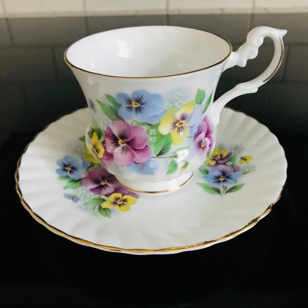 Royal Dover Tea cup and saucer England Fine bone china Pansies Pansy Pink yellow purple farmhouse collectible display serving coffee