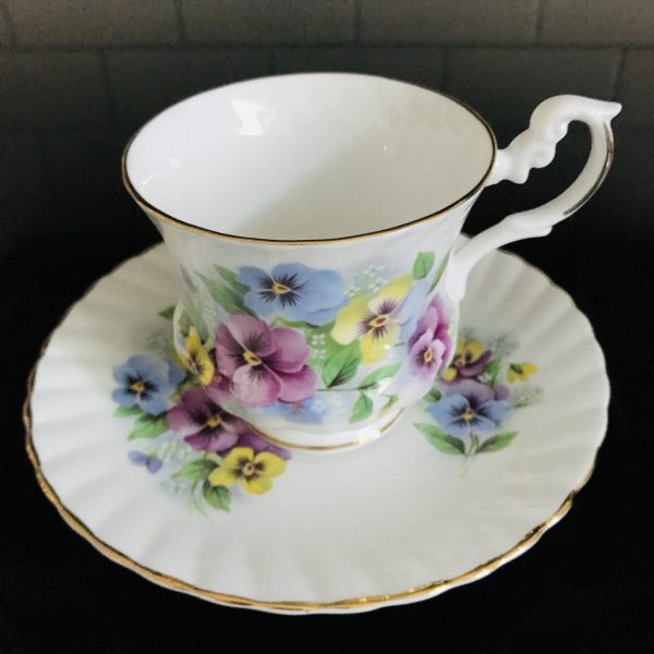 Royal Dover Tea cup and saucer England Fine bone china Pansies Pansy Pink yellow purple farmhouse collectible display serving coffee