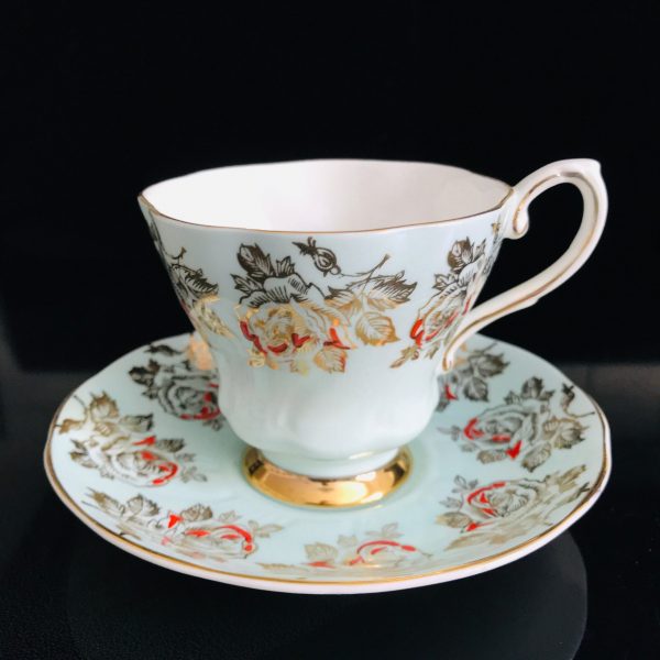 Royal Grafton Tea cup and saucer England Fine bone china Aqua with Gold and Red Roses RARE collectible display coffee farmhouse bridal