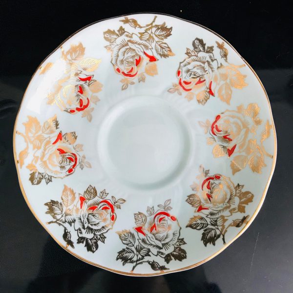 Royal Grafton Tea cup and saucer England Fine bone china Aqua with Gold and Red Roses RARE collectible display coffee farmhouse bridal