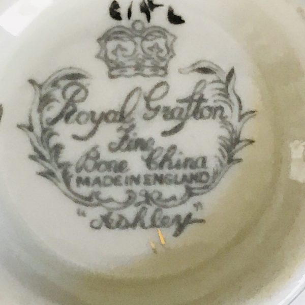 Royal Grafton Tea cup and saucer England Fine bone china Ashley Aqua Chintz flowers gray leaves farmhouse collectible display coffee