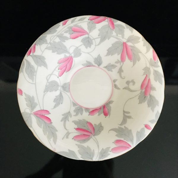Royal Grafton Tea cup and saucer England Fine bone china Ashley pink flowers gray leaves farmhouse collectible display coffee