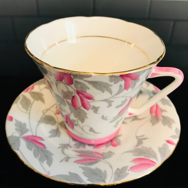 Royal Grafton Tea cup and saucer England Fine bone china Ashley pink flowers gray leaves farmhouse collectible display coffee