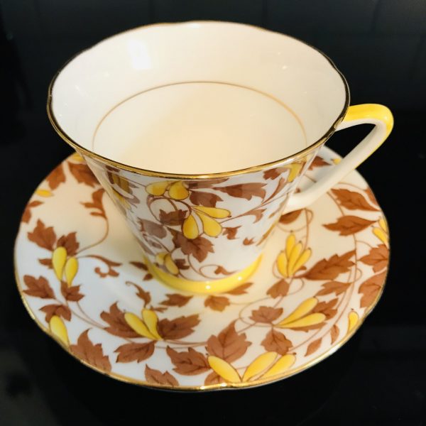 Royal Grafton Tea cup and saucer England Fine bone china Ashley Yellow Chintz flowers copper colored leaves farmhouse collectible