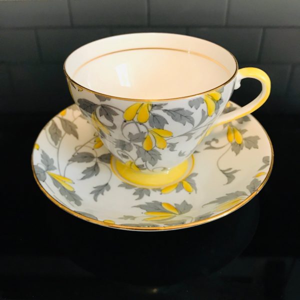 Royal Grafton Tea cup and saucer England Fine bone china Ashley yellow flowers gray leaves RAREfarmhouse collectible display coffee