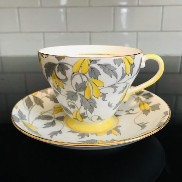Royal Grafton Tea cup and saucer England Fine bone china Ashley yellow flowers gray leaves RAREfarmhouse collectible display coffee