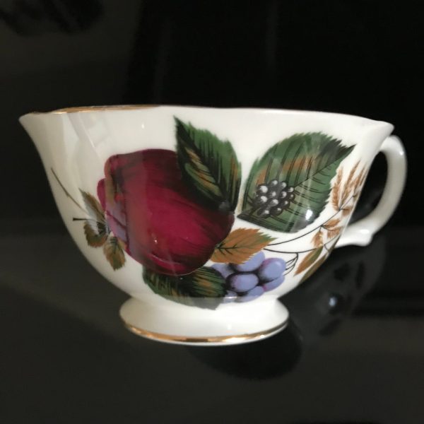Royal Grafton Tea cup and saucer England Fine bone china Fruit Dark purple plums blackberries farmhouse collectible display serving