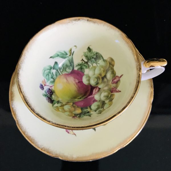 Royal Grafton Tea cup and saucer England Fine bone china Light yellow with Bright Fruit center collectible display coffee