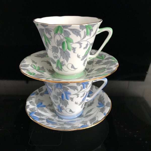 Royal Grafton Tea cup and saucer PAIR England Fine bone china Ashley green & blue flowers gray leaves farmhouse collectible display coffee