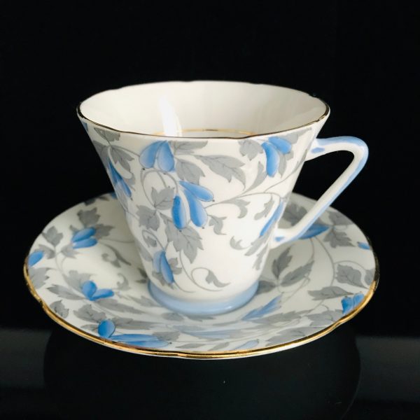 Royal Grafton Tea cup and saucer PAIR England Fine bone china Ashley green & blue flowers gray leaves farmhouse collectible display coffee