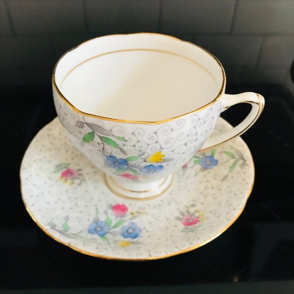 Royal Grafton Tea cup and saucer TRIO England Fine bone china gray Chintz with pink floral collectible display coffee farmhouse