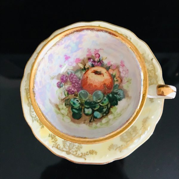 Royal Halsey tea cup and saucer Japan Fine bone china Fruit pattern Iridescent yellow heavy gold trim farmhouse collectible display coffee