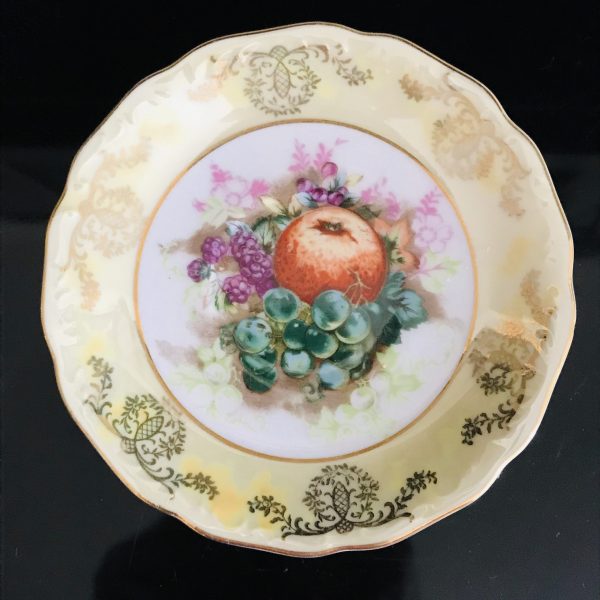 Royal Halsey tea cup and saucer Japan Fine bone china Fruit pattern Iridescent yellow heavy gold trim farmhouse collectible display coffee