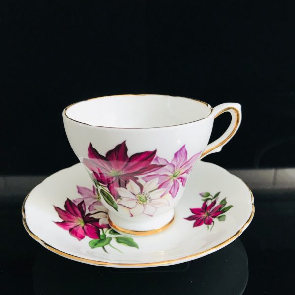 Royal Kendall Tea cup and saucer England Fine bone china Pink Purple burgundy flowers gold trim farmhouse collectible display serving