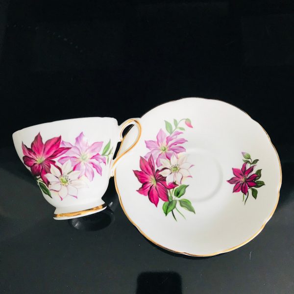 Royal Kendall Tea cup and saucer England Fine bone china Pink Purple burgundy flowers gold trim farmhouse collectible display serving