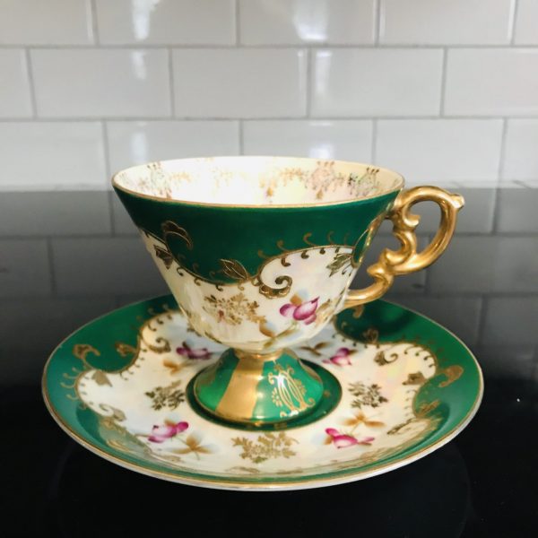 Royal Sealy tea cup and saucer Japan Fine bone china hand decorated purple floral heavy gold iridescent farmhouse collectible coffee display