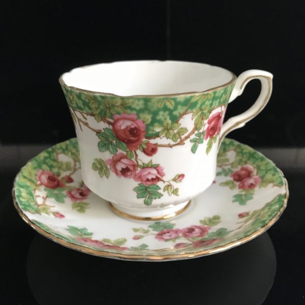 Royal Stafford Tea cup and saucer England Fine bone china Cabbage rose green leaves green trim  farmhouse collectible display cottage