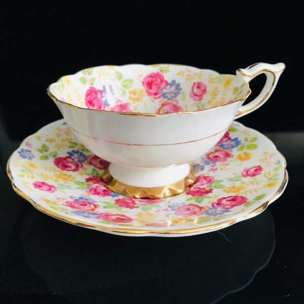Royal Stafford Tea cup and saucer England Fine bone china Chintz Pink Cabbage Rose Yellow blue flowersfarmhouse collectible display cottage