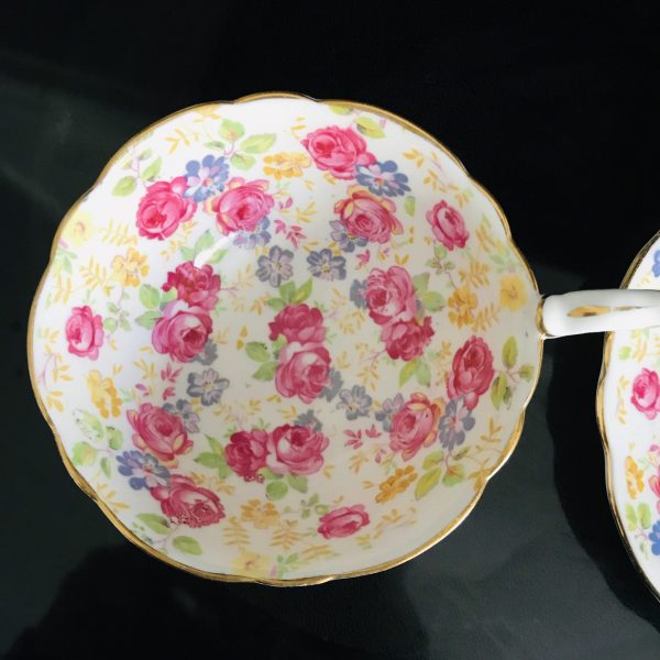 Royal Stafford Tea cup and saucer England Fine bone china Chintz Pink Cabbage Rose Yellow blue flowersfarmhouse collectible display cottage