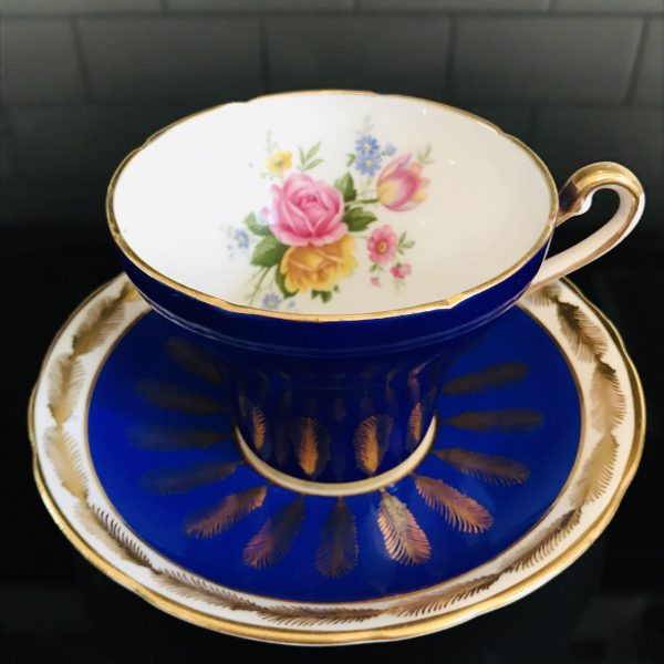 Royal Stafford Tea cup and saucer England Fine bone china Navy Blue with Floral Bouquet inside cup flowers farmhouse collectible display