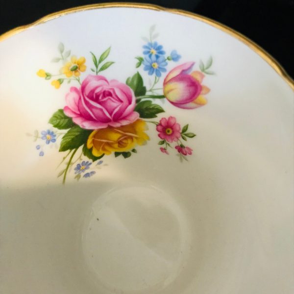 Royal Stafford Tea cup and saucer England Fine bone china Navy Blue with Floral Bouquet inside cup flowers farmhouse collectible display