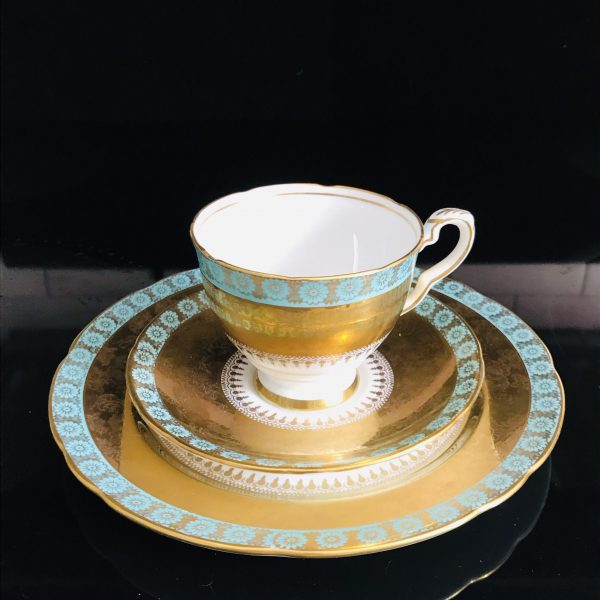 Royal Stafford Tea cup and saucer TRIO England Fine bone china heavy gold scrolls & aqua flowers farmhouse collectible display cottage