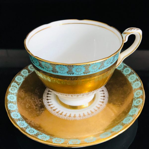 Royal Stafford Tea cup and saucer TRIO England Fine bone china heavy gold scrolls & aqua flowers farmhouse collectible display cottage