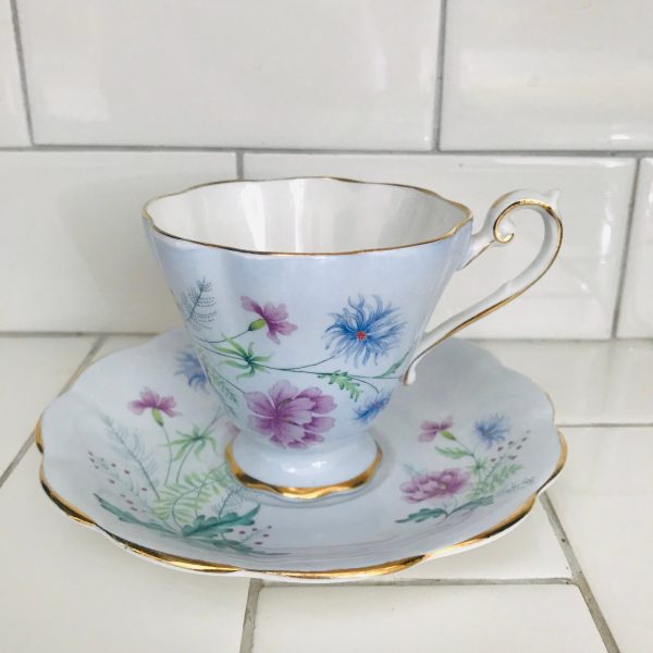 Royal Standard Tea cup and saucer England Fine bone china Blue with blue pink floral farmhouse collectible display bridal dainty