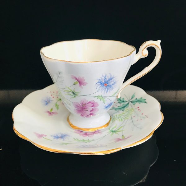 Royal Standard Tea cup and saucer England Fine bone china Blue with blue pink floral farmhouse collectible display bridal dainty