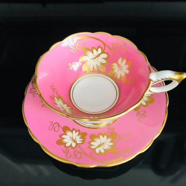 Royal Standard Tea cup and saucer England Fine bone china Bright Pink with Heavy Gold trimmed leaves  farmhouse collectible display bridal