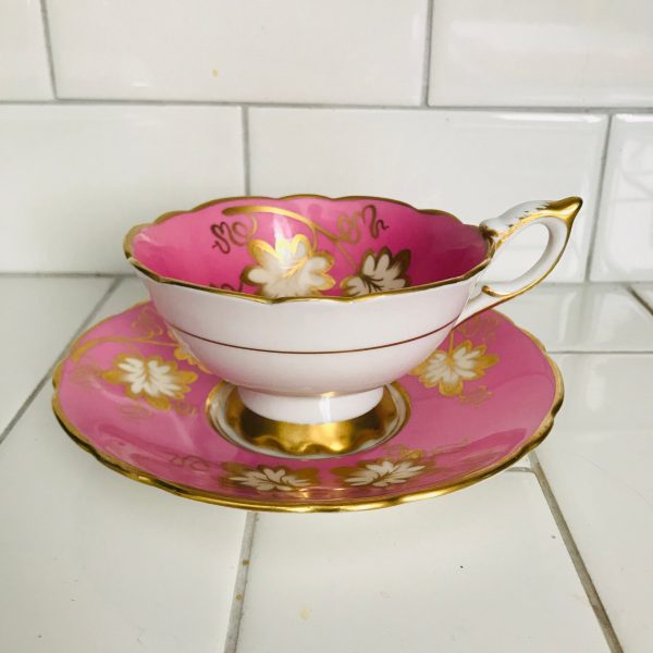 Royal Standard Tea cup and saucer England Fine bone china Bright Pink with Heavy Gold trimmed leaves  farmhouse collectible display bridal