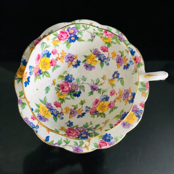 Royal Standard Tea cup and saucer England Fine bone china Chintz Floral bright pink purple yellow blue farmhouse collectible display bridal