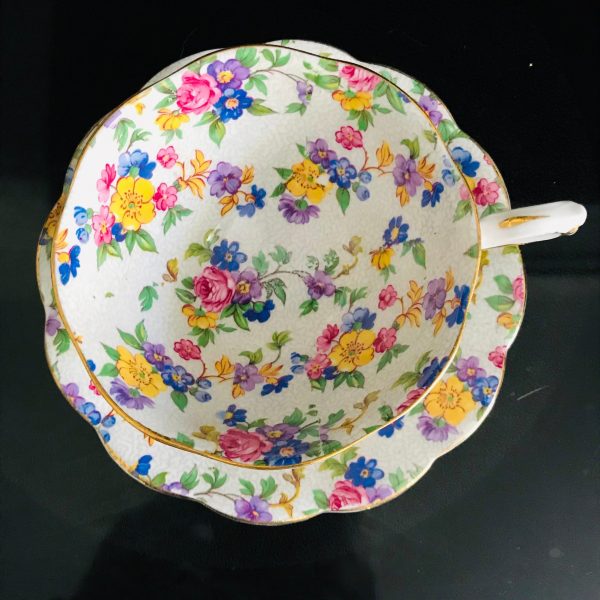 Royal Standard Tea cup and saucer England Fine bone china Chintz Floral bright pink purple yellow blue farmhouse collectible display bridal