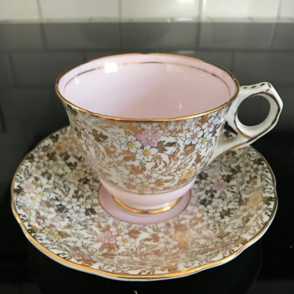Royal Standard Tea cup and saucer England Fine bone china Pink inside & out heavy gold chintz farmhouse collectible display coffee
