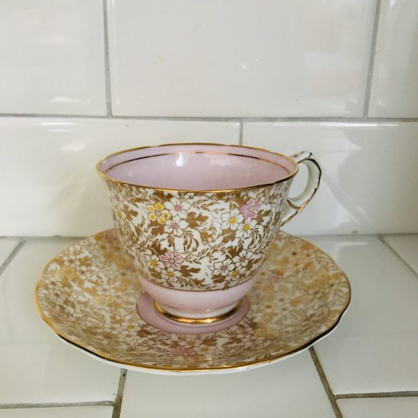 Royal Standard Tea cup and saucer England Fine bone china Pink inside & out heavy gold chintz farmhouse collectible display coffee