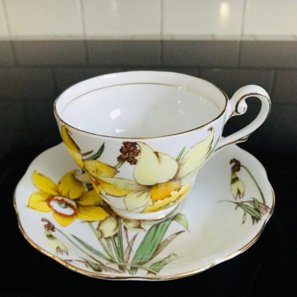 Royal Standard Tea cup and saucer England Fine bone china Yellow Daffodils gold trim farmhouse collectible display serving dining