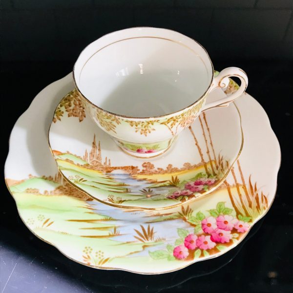 Royal Standard Tea cup and saucer TRIO England Fine bone china Meadowland Scene gold trim farmhouse collectible display serving