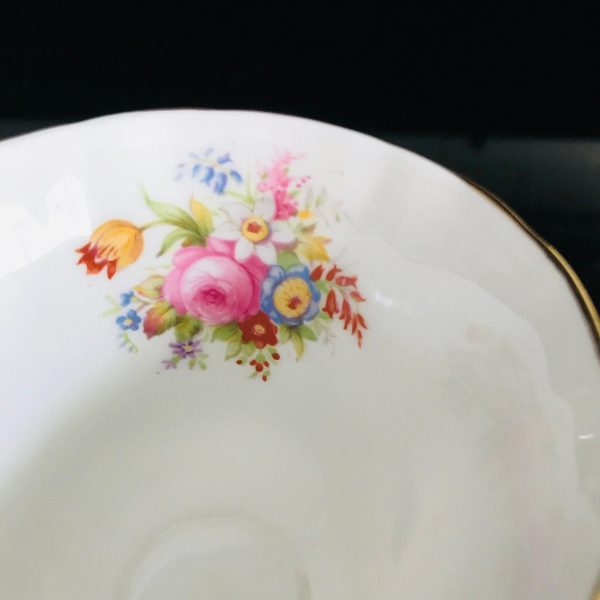 Royal Tuscan tea cup and saucer England Fine bone china pink yellow and blue floral bouquetsgold trim farmhouse collectible display dining
