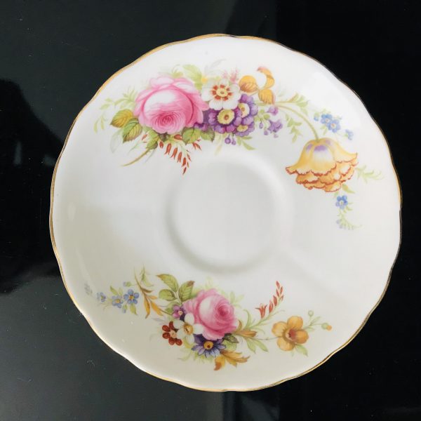Royal Tuscan tea cup and saucer England Fine bone china pink yellow and blue floral bouquetsgold trim farmhouse collectible display dining