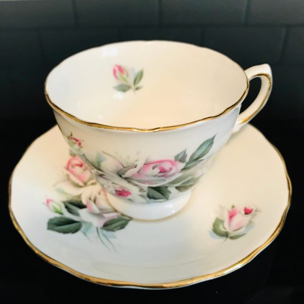 Royal Vale Tea cup and saucer England Fine bone china Light pink and white Roses gold trim farmhouse collectible display shabby chic