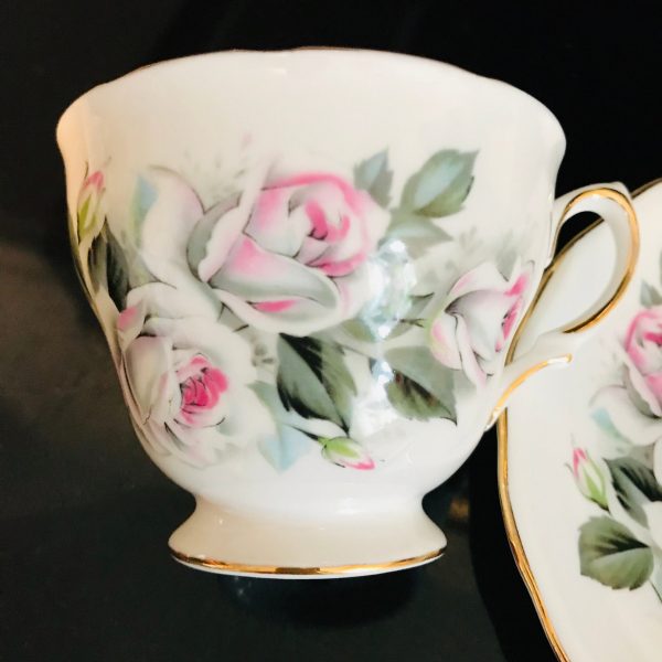 Royal Vale Tea cup and saucer England Fine bone china Light pink and white Roses gold trim farmhouse collectible display shabby chic