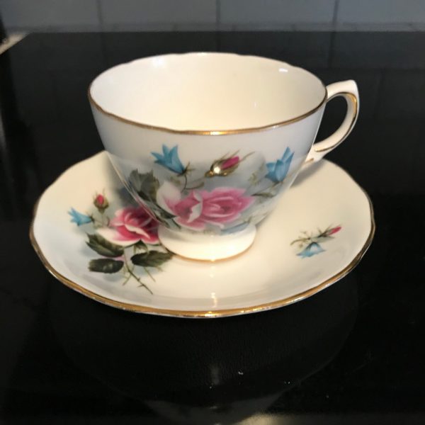 Royal Vale Tea cup and saucer England Fine bone china pink rose with aqua flowers farmhouse collectible display coffee shabby chic
