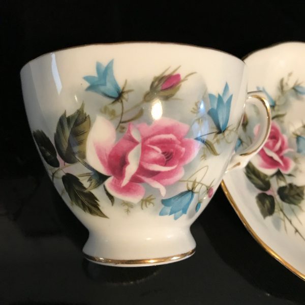 Royal Vale Tea cup and saucer England Fine bone china pink rose with aqua flowers farmhouse collectible display coffee shabby chic