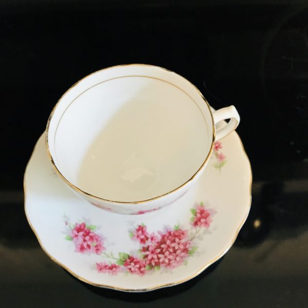 Royal Vale Tea cup and saucer England Fine bone china pink tiny flower bouguets gold trim farmhouse collectible display coffee shabby chic