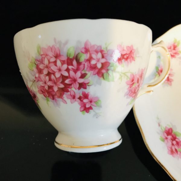 Royal Vale Tea cup and saucer England Fine bone china pink tiny flower bouguets gold trim farmhouse collectible display coffee shabby chic