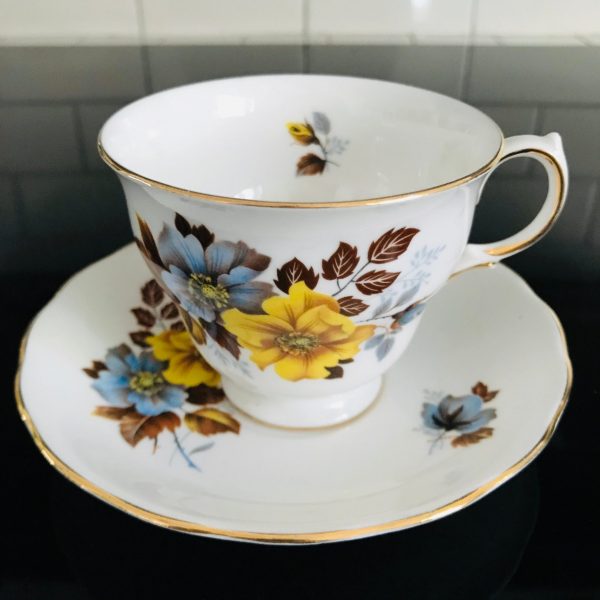 Royal Vale Tea cup and saucer England Fine bone china Yellow & Bllue Floral with brown leaves farmhouse collectible display coffee